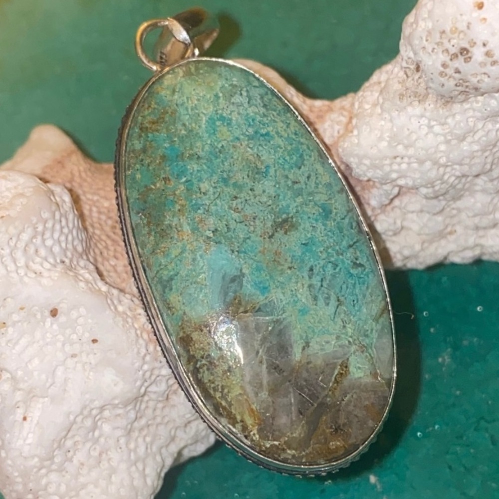 Turquoise Oval Stone Pendant in Sterling Silver Setting - Beautiful Blue-Green